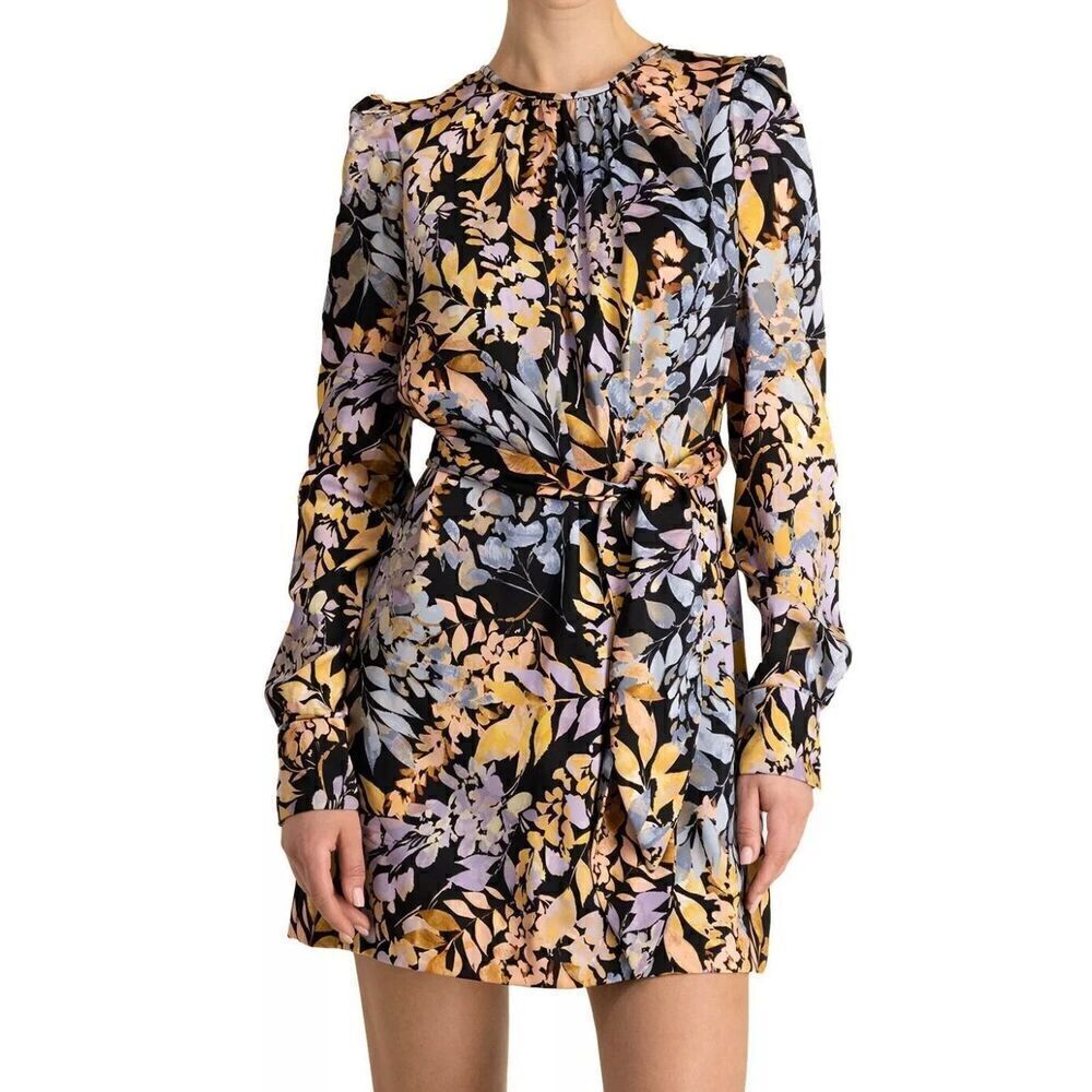 ML MONIQUE LHUILLIER Womens Black Satin Tie Lined Long Sleeve Short Dress size 6 - Picture 8 of 10